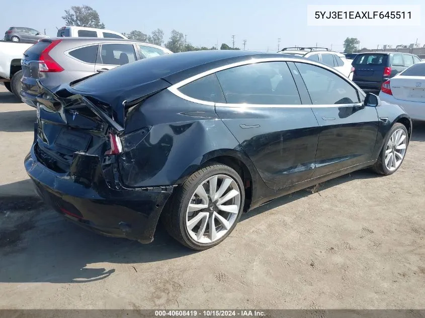 2020 Tesla Model 3 Standard Range Plus Rear-Wheel Drive/Standard Range Rear-Wheel Drive VIN: 5YJ3E1EAXLF645511 Lot: 40608419