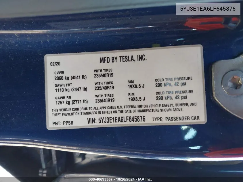 2020 Tesla Model 3 Standard Range Plus Rear-Wheel Drive/Standard Range Rear-Wheel Drive VIN: 5YJ3E1EA6LF645876 Lot: 40693367