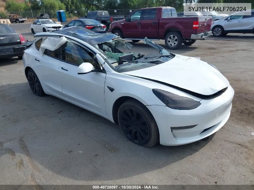 2020 Tesla Model 3 Standard Range Plus Rear-Wheel Drive/Standard Range Rear-Wheel Drive VIN: 5YJ3E1EA6LF706224 Lot: 40728097