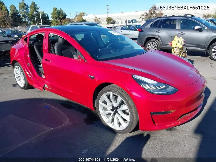 2020 Tesla Model 3 Long Range Dual Motor All-Wheel Drive VIN: 5YJ3E1EBXLF651026 Lot: 40744901