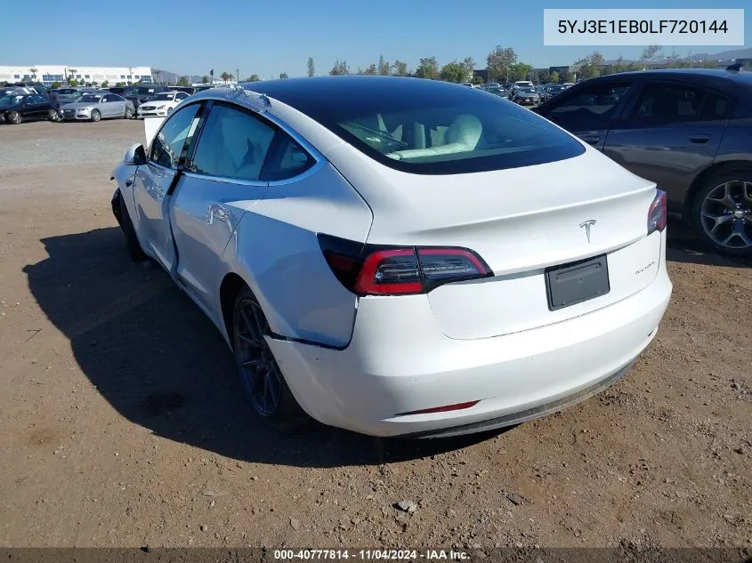 2020 Tesla Model 3 VIN: 5YJ3E1EB0LF720144 Lot: 40777814