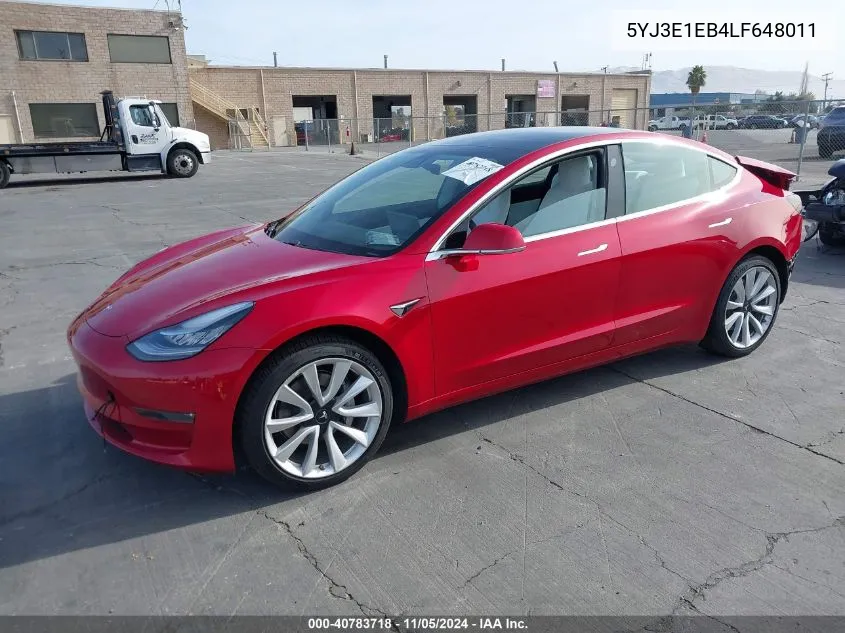 2020 Tesla Model 3 Long Range Dual Motor All-Wheel Drive VIN: 5YJ3E1EB4LF648011 Lot: 40783718