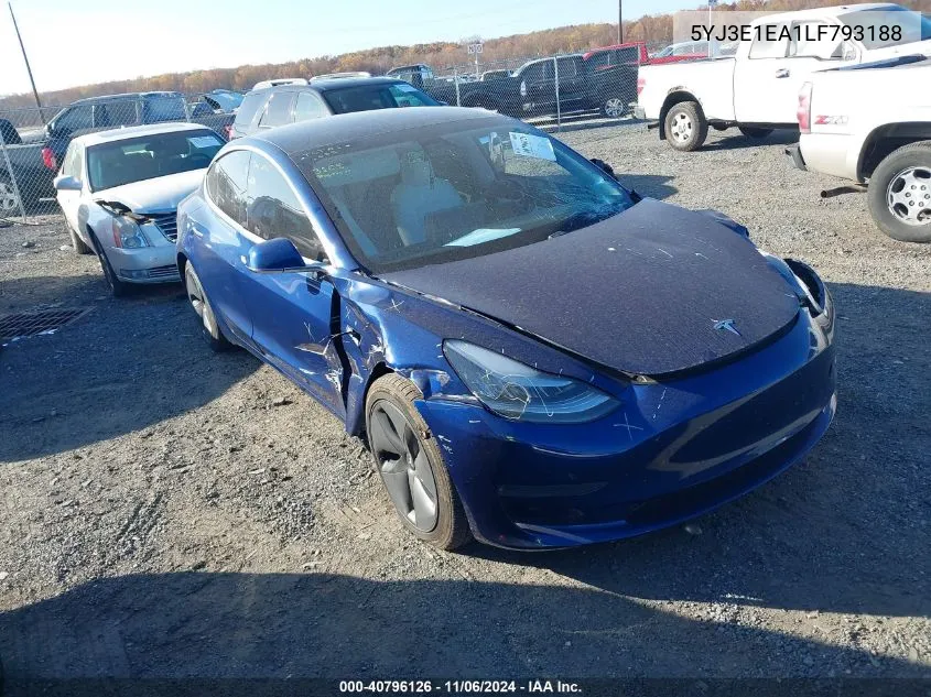 2020 Tesla Model 3 Standard Range Plus Rear-Wheel Drive/Standard Range Rear-Wheel Drive VIN: 5YJ3E1EA1LF793188 Lot: 40796126