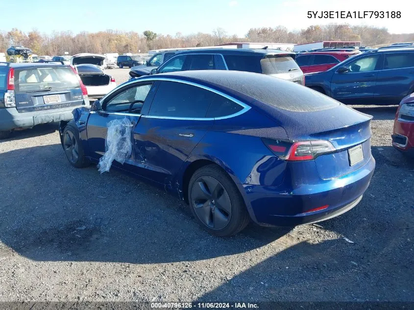 2020 Tesla Model 3 Standard Range Plus Rear-Wheel Drive/Standard Range Rear-Wheel Drive VIN: 5YJ3E1EA1LF793188 Lot: 40796126