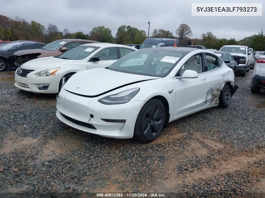 2020 Tesla Model 3 Standard Range Plus Rear-Wheel Drive/Standard Range Rear-Wheel Drive VIN: 5YJ3E1EA3LF793273 Lot: 40912363