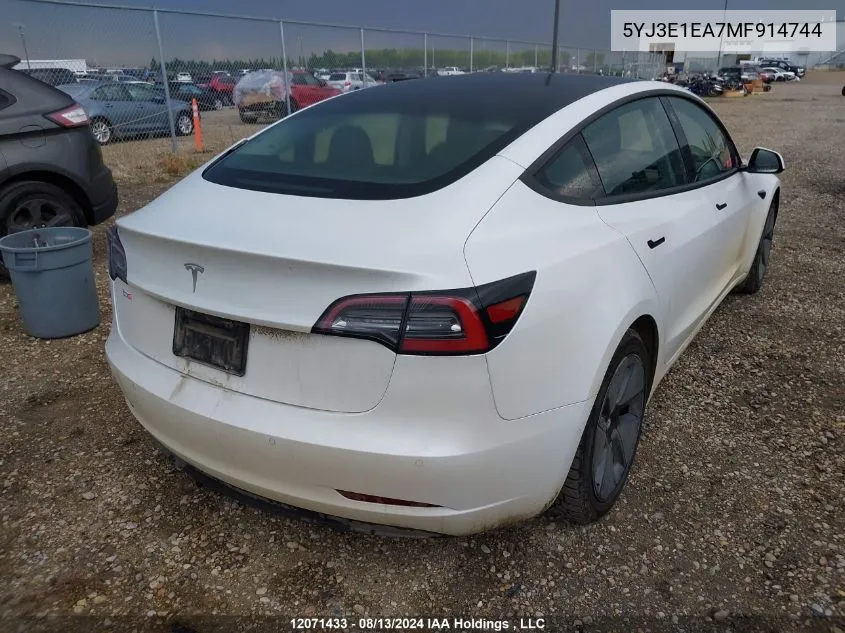 2021 Tesla Model 3 VIN: 5YJ3E1EA7MF914744 Lot: 12071433