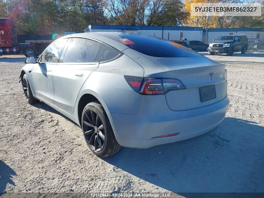 2021 Tesla Model 3 VIN: 5YJ3E1EB3MF862327 Lot: 12112942