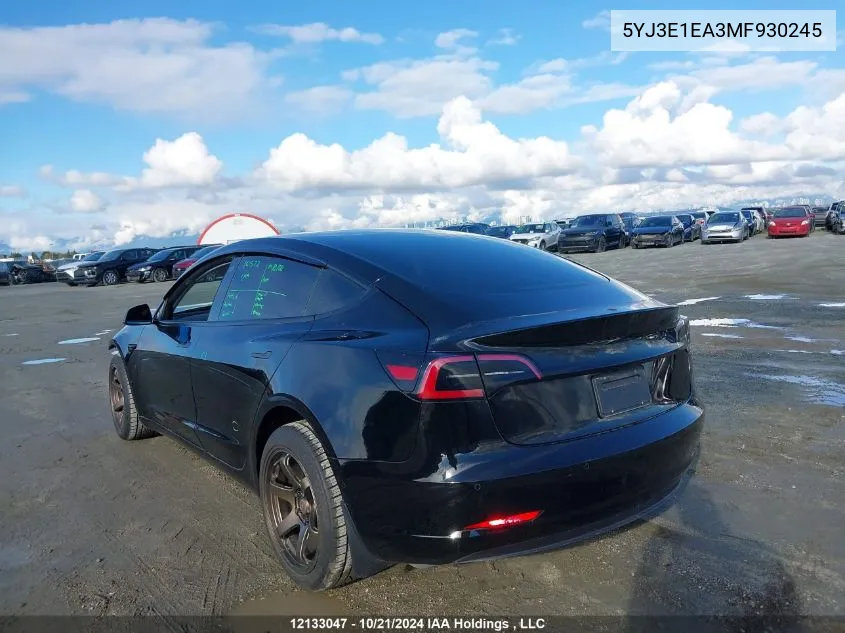 2021 Tesla Model 3 VIN: 5YJ3E1EA3MF930245 Lot: 12133047