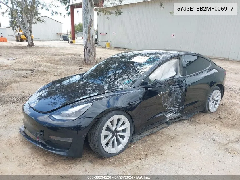 2021 Tesla Model 3 Long Range Dual Motor All-Wheel Drive VIN: 5YJ3E1EB2MF005917 Lot: 39234220