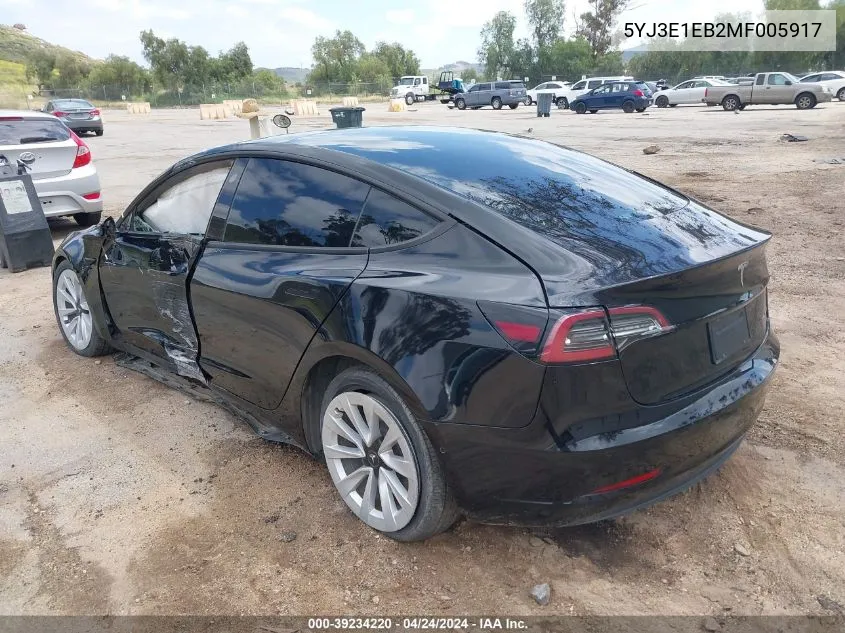 2021 Tesla Model 3 Long Range Dual Motor All-Wheel Drive VIN: 5YJ3E1EB2MF005917 Lot: 39234220