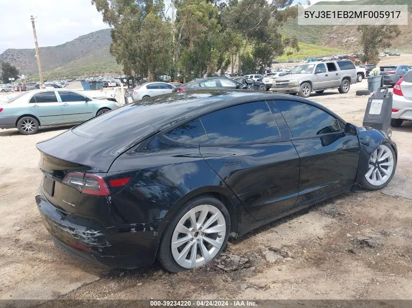 2021 Tesla Model 3 Long Range Dual Motor All-Wheel Drive VIN: 5YJ3E1EB2MF005917 Lot: 39234220