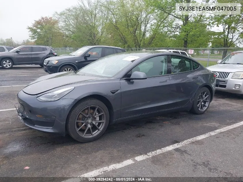 2021 Tesla Model 3 Standard Range Plus Rear-Wheel Drive VIN: 5YJ3E1EA5MF047005 Lot: 39294242