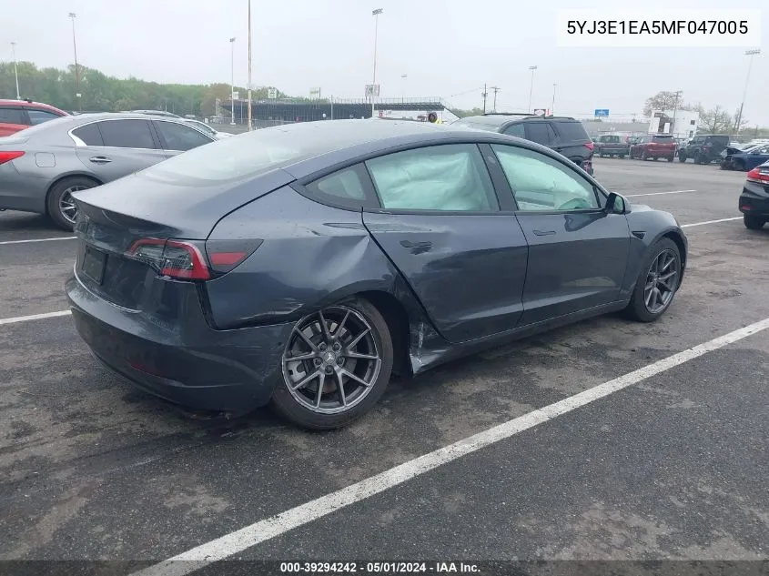 2021 Tesla Model 3 Standard Range Plus Rear-Wheel Drive VIN: 5YJ3E1EA5MF047005 Lot: 39294242