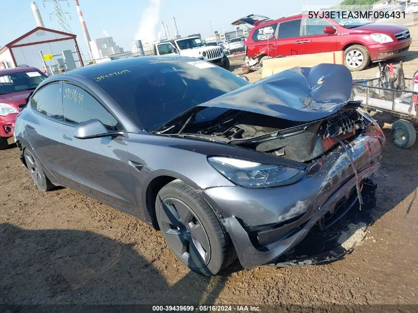 2021 Tesla Model 3 Standard Range Plus Rear-Wheel Drive VIN: 5YJ3E1EA3MF096431 Lot: 39439699