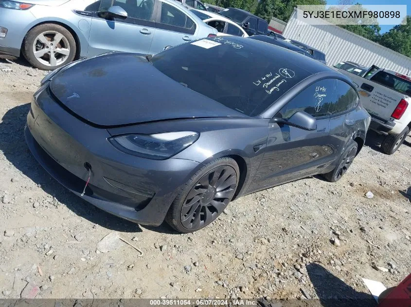 2021 Tesla Model 3 Performance Dual Motor All-Wheel Drive VIN: 5YJ3E1ECXMF980898 Lot: 39511054