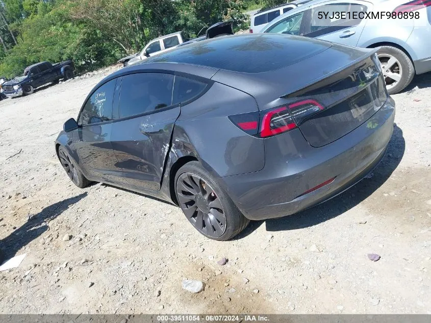 2021 Tesla Model 3 Performance Dual Motor All-Wheel Drive VIN: 5YJ3E1ECXMF980898 Lot: 39511054