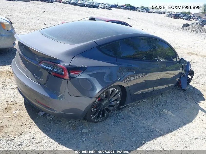 2021 Tesla Model 3 Performance Dual Motor All-Wheel Drive VIN: 5YJ3E1ECXMF980898 Lot: 39511054