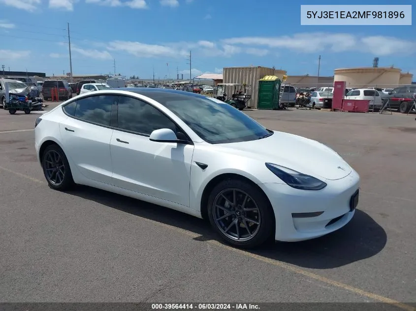 2021 Tesla Model 3 Standard Range Plus Rear-Wheel Drive VIN: 5YJ3E1EA2MF981896 Lot: 39564414