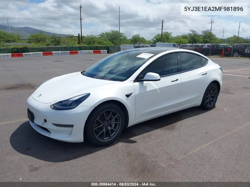 5YJ3E1EA2MF981896 2021 Tesla Model 3 Standard Range Plus Rear-Wheel Drive