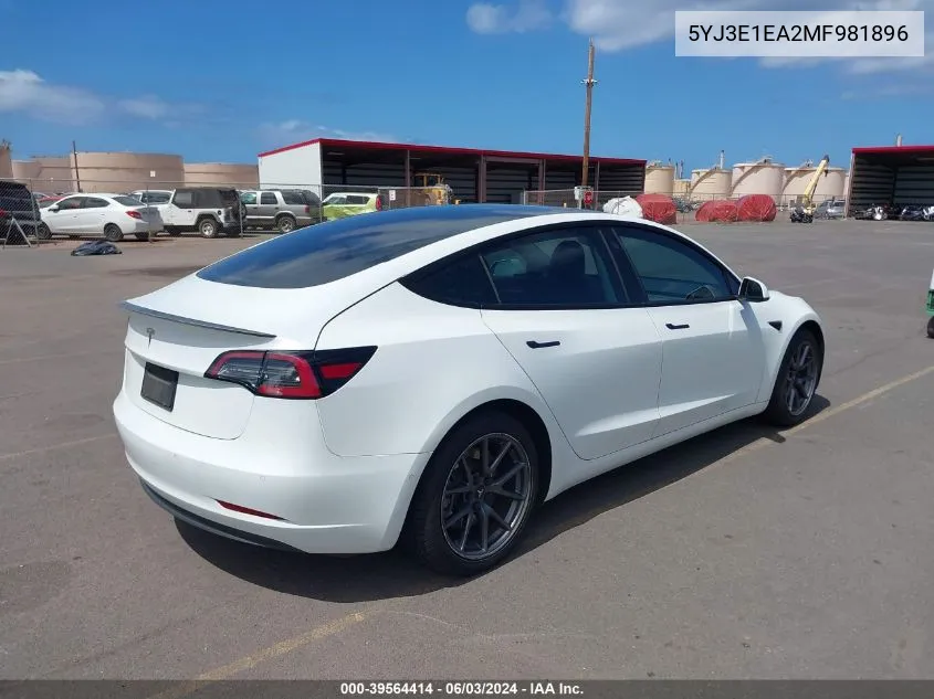 2021 Tesla Model 3 Standard Range Plus Rear-Wheel Drive VIN: 5YJ3E1EA2MF981896 Lot: 39564414