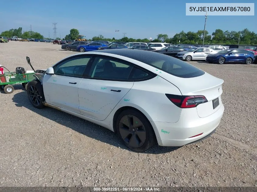 2021 Tesla Model 3 Standard Range Plus Rear-Wheel Drive VIN: 5YJ3E1EAXMF867080 Lot: 39582251