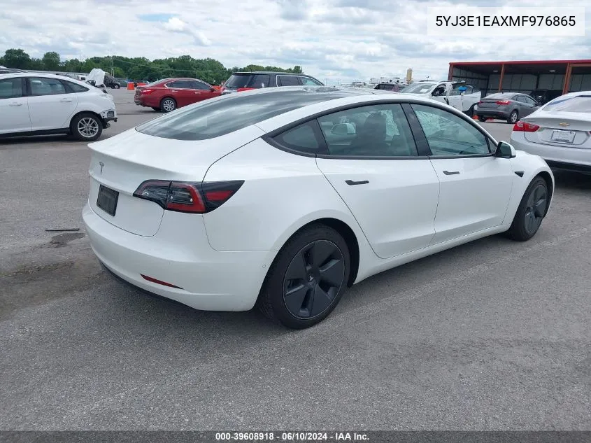 2021 Tesla Model 3 Standard Range Plus Rear-Wheel Drive VIN: 5YJ3E1EAXMF976865 Lot: 40882188