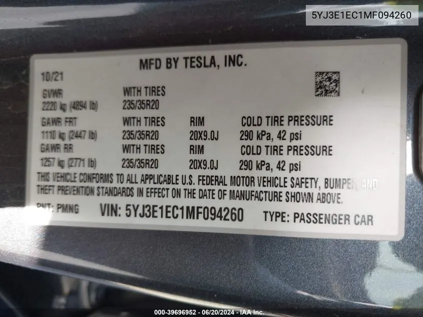 2021 Tesla Model 3 Performance Dual Motor All-Wheel Drive VIN: 5YJ3E1EC1MF094260 Lot: 39696952