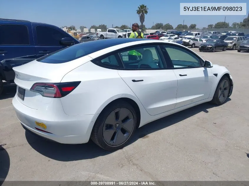 2021 Tesla Model 3 Standard Range Plus Rear-Wheel Drive VIN: 5YJ3E1EA9MF098023 Lot: 39708991