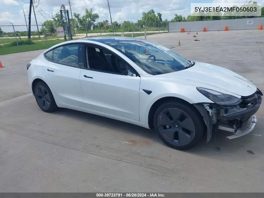 2021 Tesla Model 3 Standard Range Plus Rear-Wheel Drive VIN: 5YJ3E1EA2MF060603 Lot: 39723791