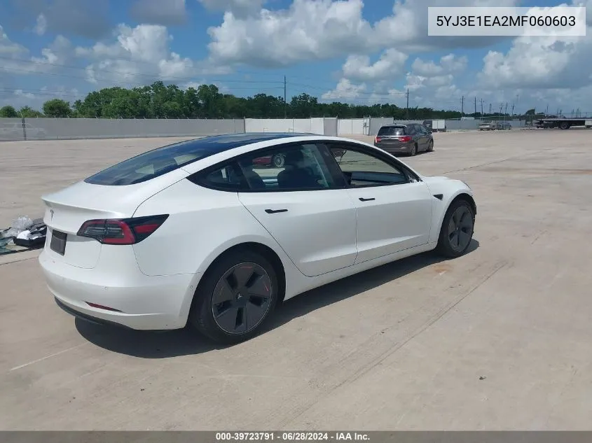 2021 Tesla Model 3 Standard Range Plus Rear-Wheel Drive VIN: 5YJ3E1EA2MF060603 Lot: 39723791