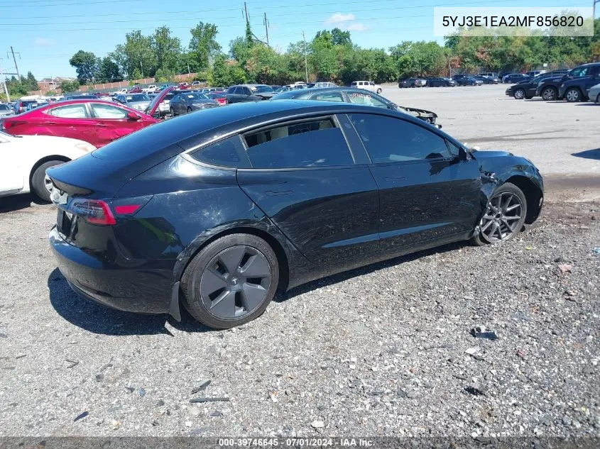 2021 Tesla Model 3 Standard Range Plus Rear-Wheel Drive VIN: 5YJ3E1EA2MF856820 Lot: 39746645