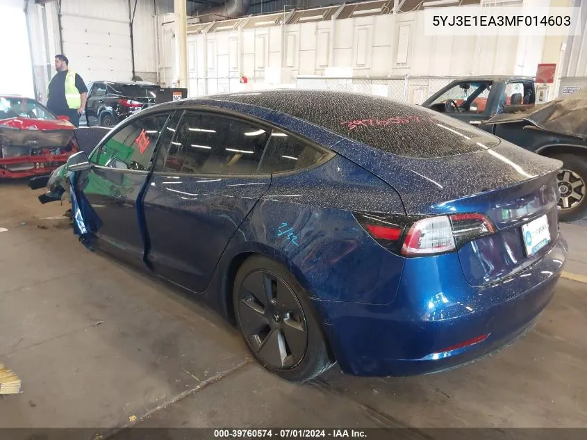 2021 Tesla Model 3 Standard Range Plus Rear-Wheel Drive VIN: 5YJ3E1EA3MF014603 Lot: 39760574