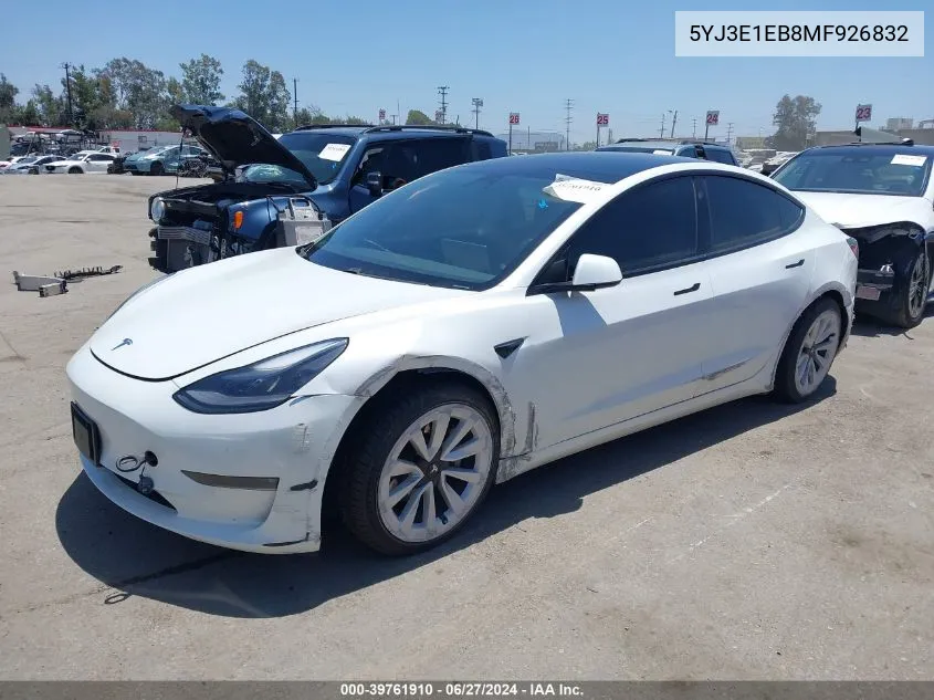 2021 Tesla Model 3 Long Range Dual Motor All-Wheel Drive VIN: 5YJ3E1EB8MF926832 Lot: 39761910