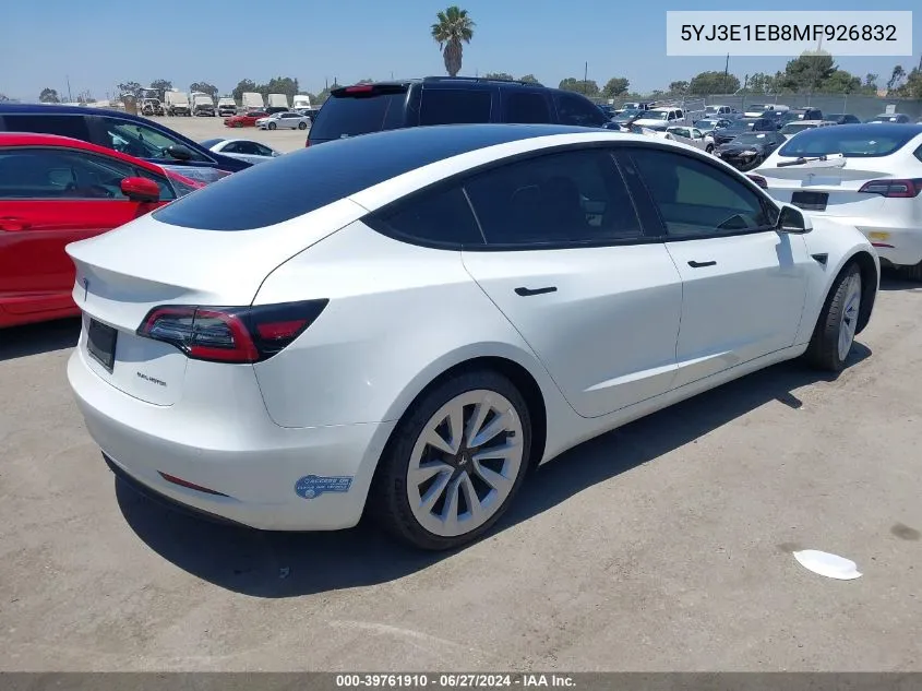 2021 Tesla Model 3 Long Range Dual Motor All-Wheel Drive VIN: 5YJ3E1EB8MF926832 Lot: 39761910