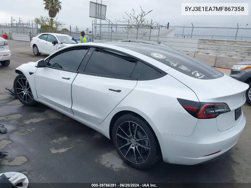 2021 Tesla Model 3 Standard Range Plus Rear-Wheel Drive VIN: 5YJ3E1EA7MF867358 Lot: 39766391