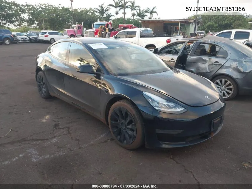 2021 Tesla Model 3 Standard Range Plus Rear-Wheel Drive VIN: 5YJ3E1EA3MF851366 Lot: 39800794