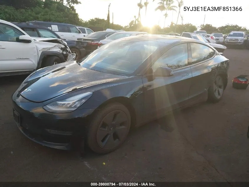 2021 Tesla Model 3 Standard Range Plus Rear-Wheel Drive VIN: 5YJ3E1EA3MF851366 Lot: 39800794