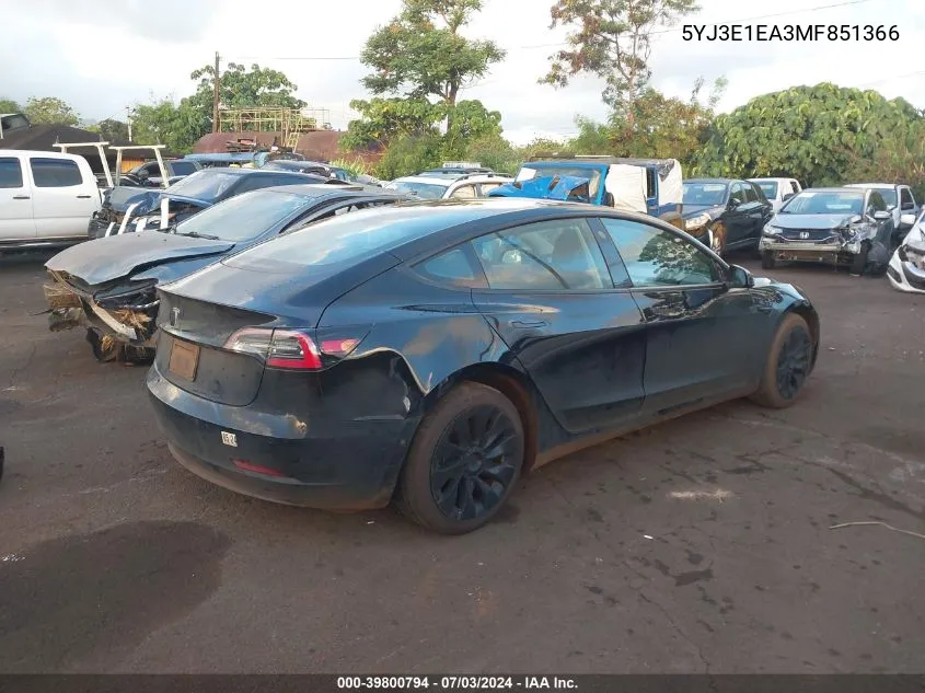 2021 Tesla Model 3 Standard Range Plus Rear-Wheel Drive VIN: 5YJ3E1EA3MF851366 Lot: 39800794