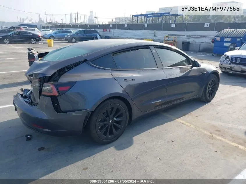 2021 Tesla Model 3 Standard Range Plus Rear-Wheel Drive VIN: 5YJ3E1EA7MF977665 Lot: 39801206