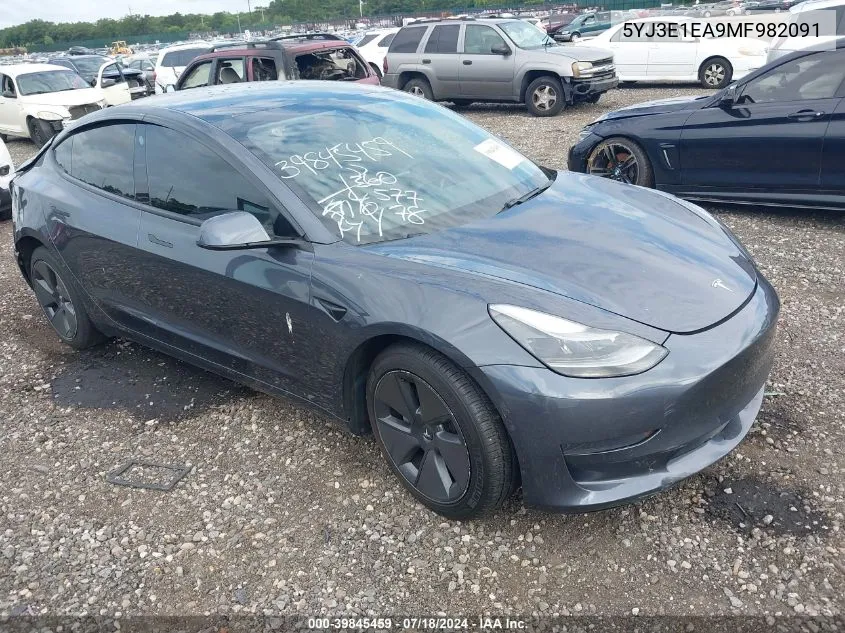 2021 Tesla Model 3 Standard Range Plus Rear-Wheel Drive VIN: 5YJ3E1EA9MF982091 Lot: 39845459