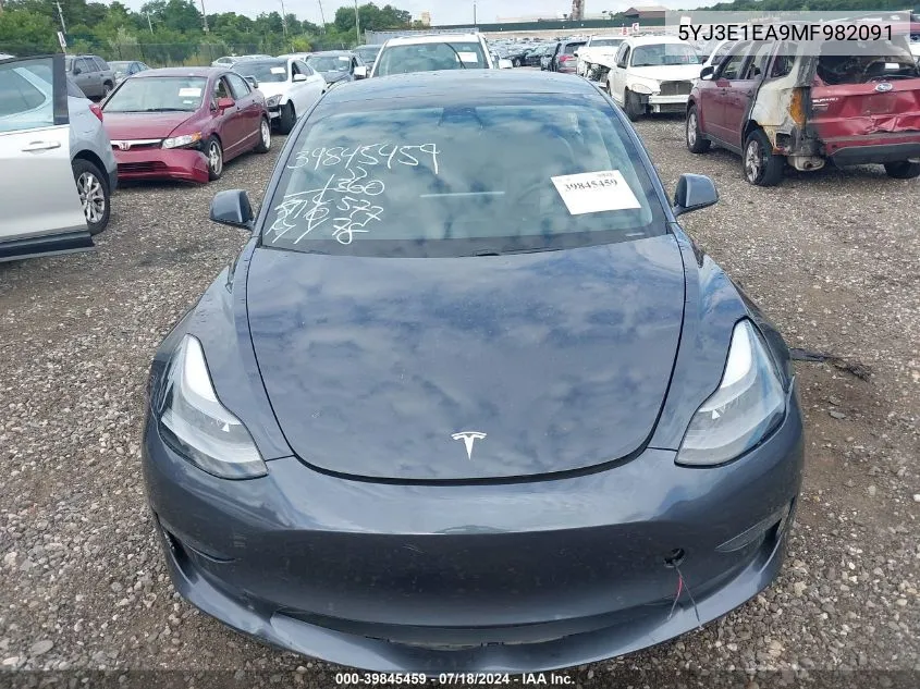 2021 Tesla Model 3 Standard Range Plus Rear-Wheel Drive VIN: 5YJ3E1EA9MF982091 Lot: 39845459