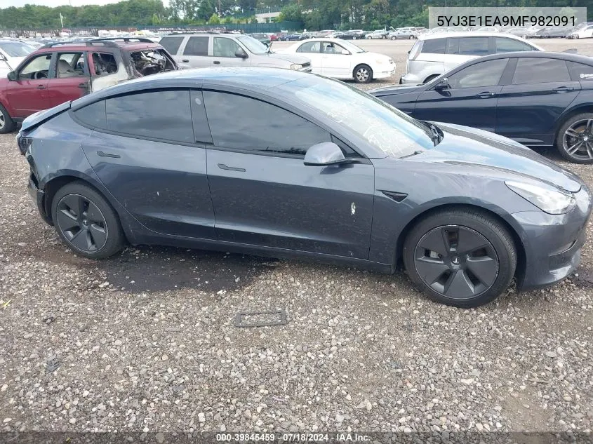 2021 Tesla Model 3 Standard Range Plus Rear-Wheel Drive VIN: 5YJ3E1EA9MF982091 Lot: 39845459