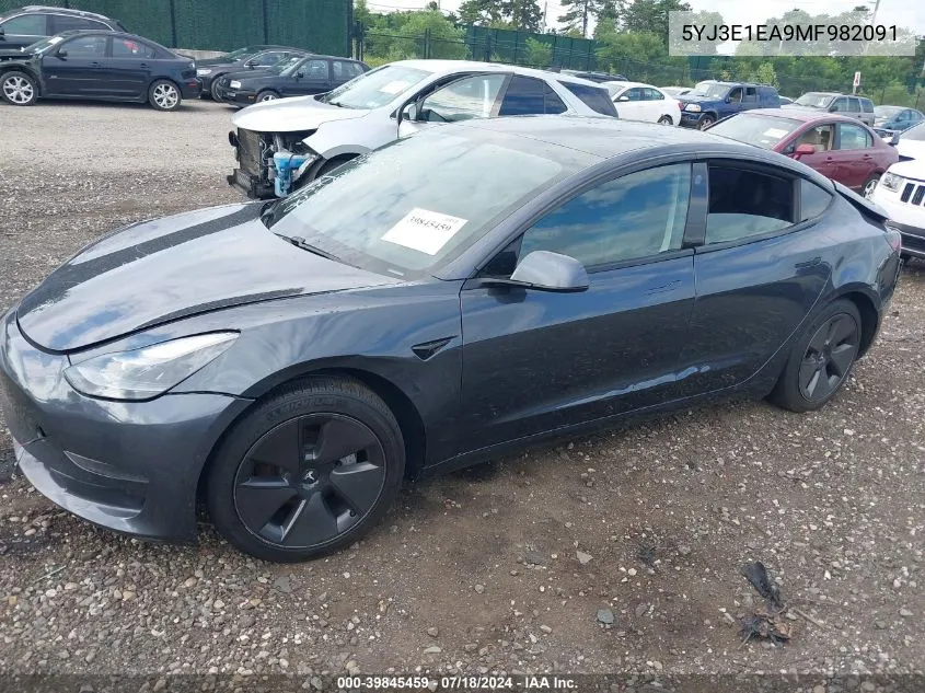 2021 Tesla Model 3 Standard Range Plus Rear-Wheel Drive VIN: 5YJ3E1EA9MF982091 Lot: 39845459