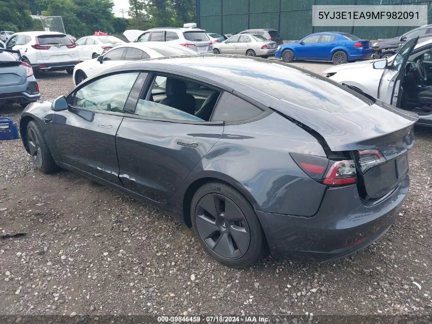 2021 Tesla Model 3 Standard Range Plus Rear-Wheel Drive VIN: 5YJ3E1EA9MF982091 Lot: 39845459