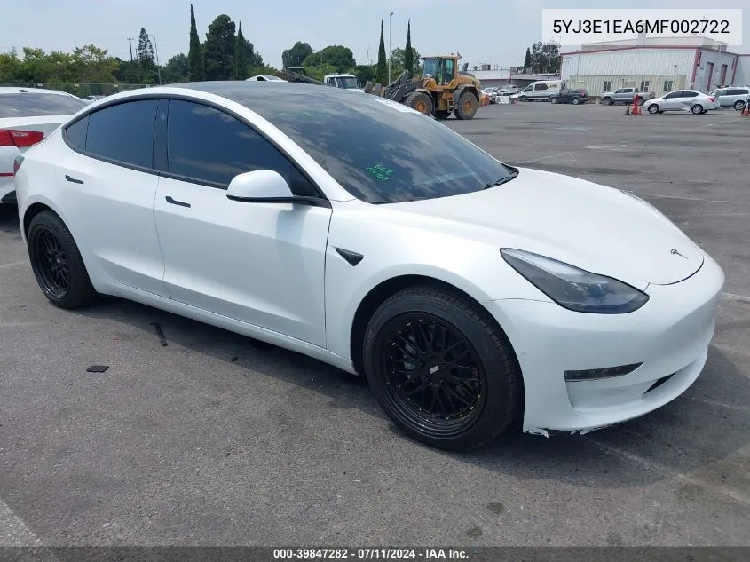 2021 Tesla Model 3 Standard Range Plus Rear-Wheel Drive VIN: 5YJ3E1EA6MF002722 Lot: 39847282