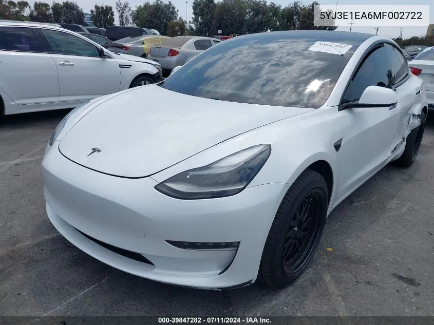 2021 Tesla Model 3 Standard Range Plus Rear-Wheel Drive VIN: 5YJ3E1EA6MF002722 Lot: 39847282