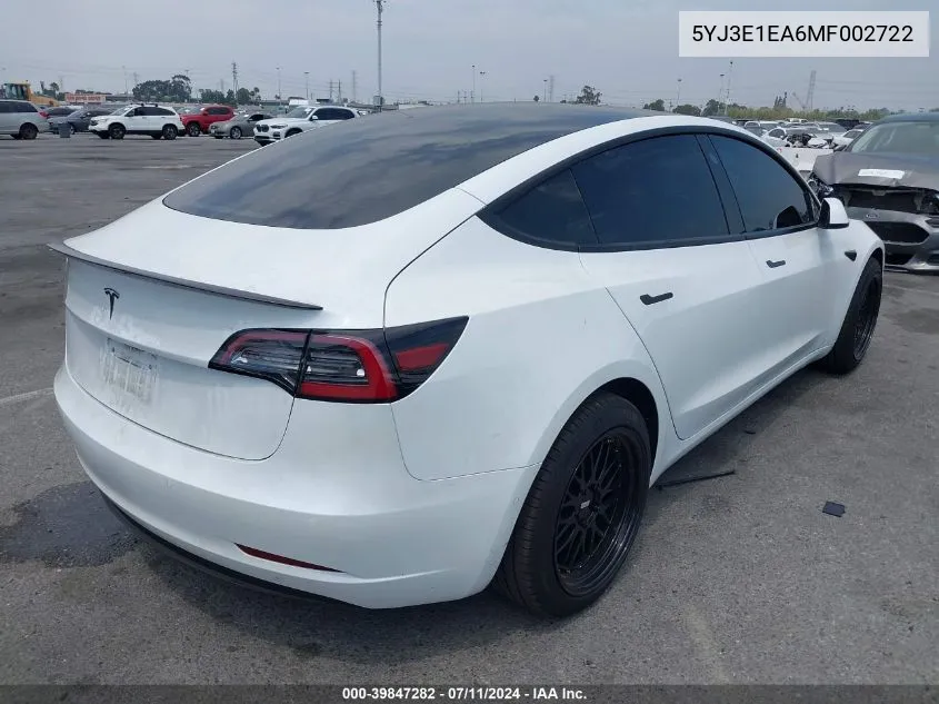 2021 Tesla Model 3 Standard Range Plus Rear-Wheel Drive VIN: 5YJ3E1EA6MF002722 Lot: 39847282