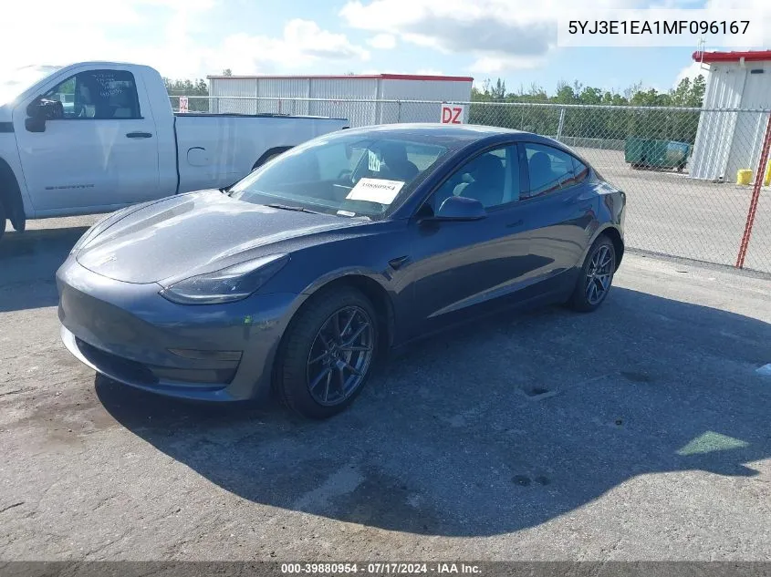 5YJ3E1EA1MF096167 2021 Tesla Model 3 Standard Range Plus Rear-Wheel Drive