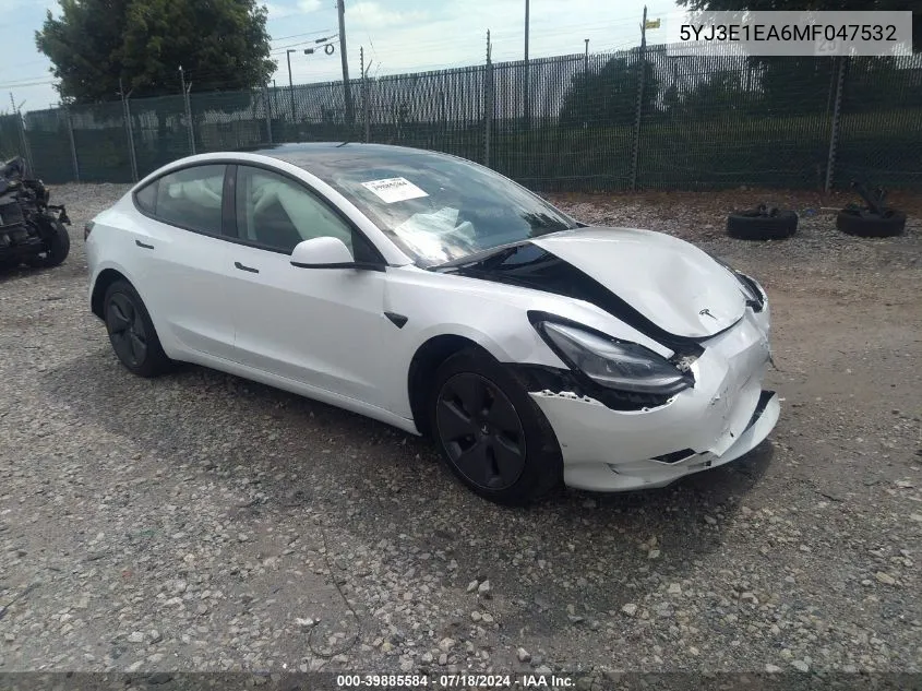 2021 Tesla Model 3 Standard Range Plus Rear-Wheel Drive VIN: 5YJ3E1EA6MF047532 Lot: 39885584