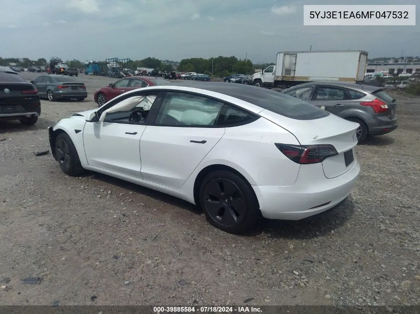 2021 Tesla Model 3 Standard Range Plus Rear-Wheel Drive VIN: 5YJ3E1EA6MF047532 Lot: 39885584